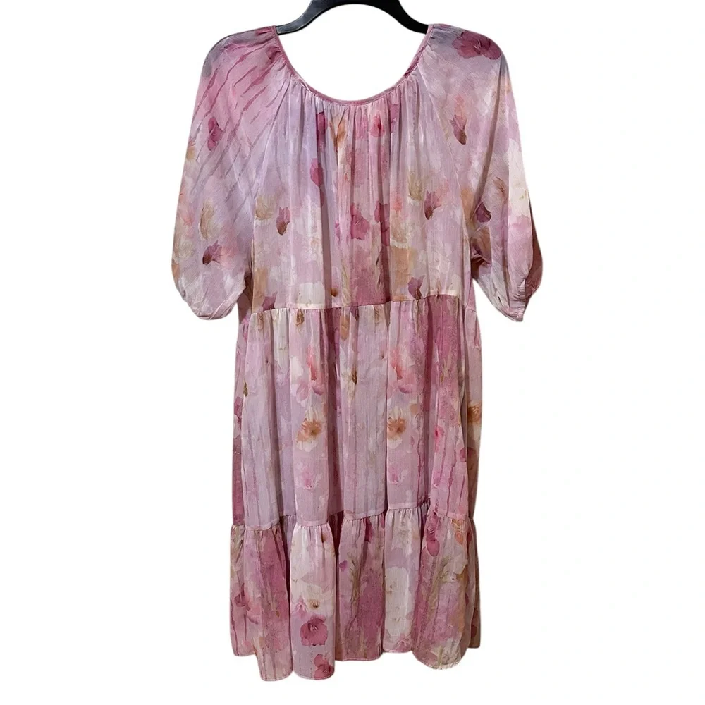 MELLODAY pink floral short sleeved sheer tiered dress shell size Medium